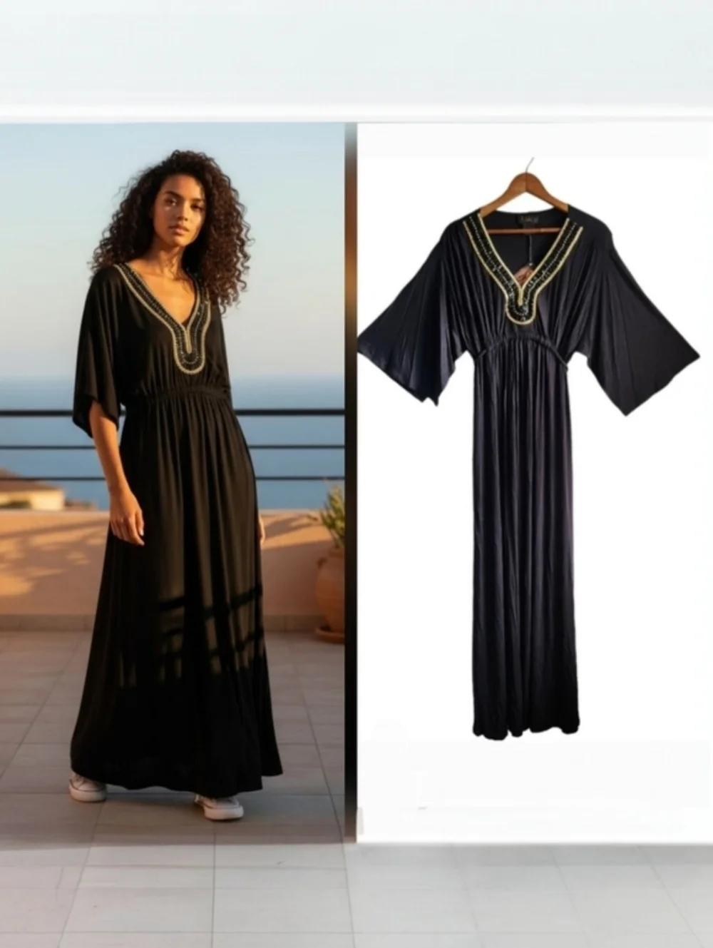 IMAN Beaded Neckline Maxi Dress Black Open Sleeve Size Med Tall NEW